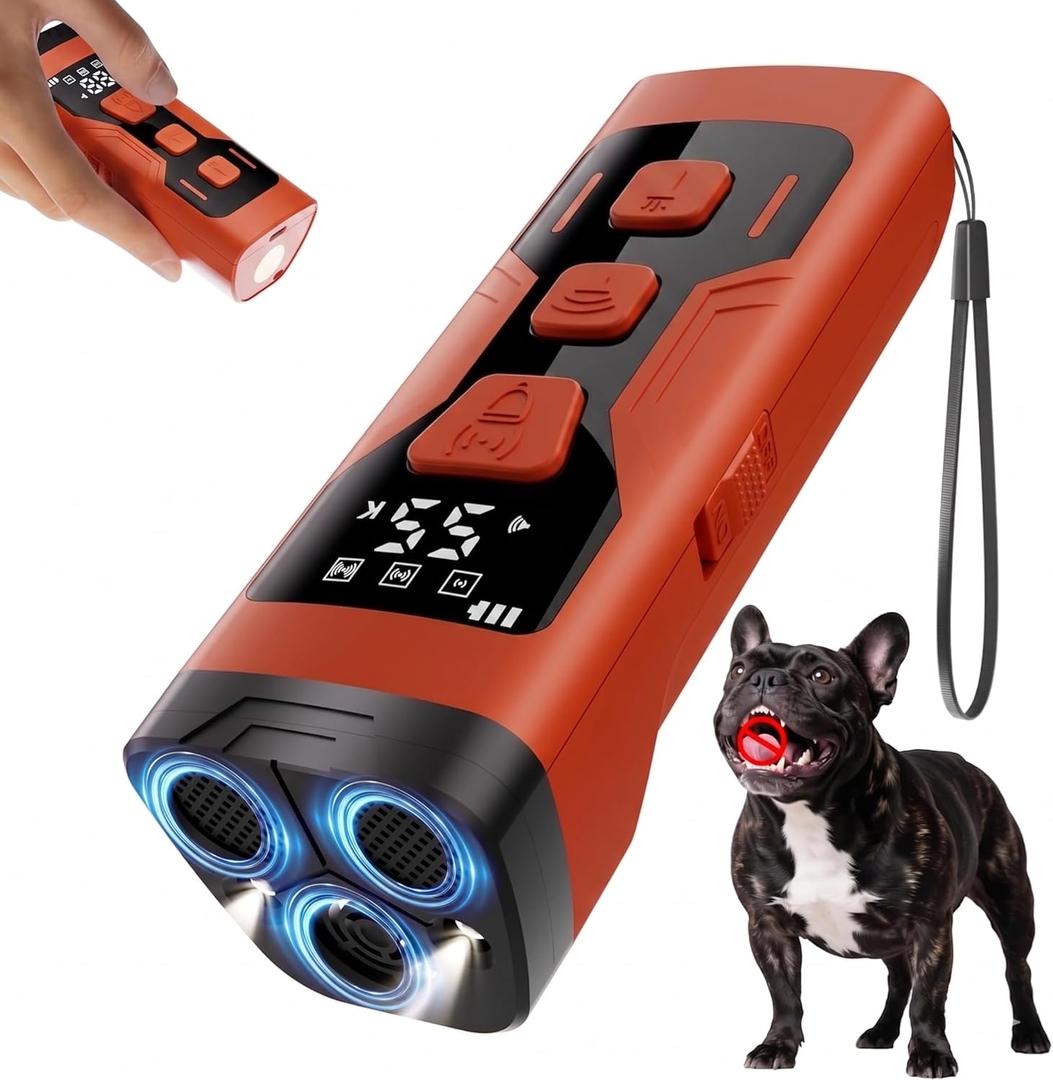 Dog Bark Deterrent Devices, 3X Ultrasonic Anti Barking Device for Dogs, 4 Frequencies 5 Training Modes 65ft Safer Alternatives to Bark Collars, Portable Design with Display for All Dogs (Blood Orange)