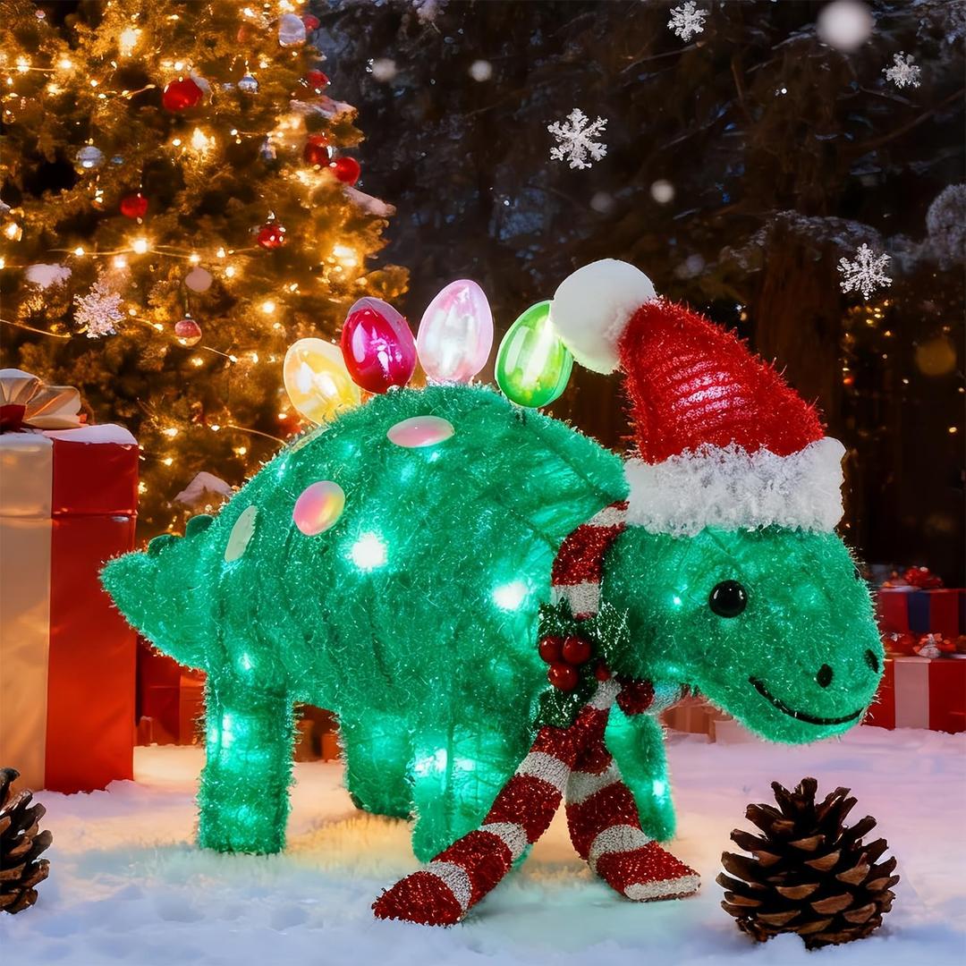 Hausse Lighted Christmas Outdoor Decor, Pre-Lit 3D Tinsel Xmas Green Stegosaurus Figure 25"L x 13"H, Light Up Xmas Dinosaur Yard Displays, Plug in for Holiday Party New Year Winter Patio Lawn Garden