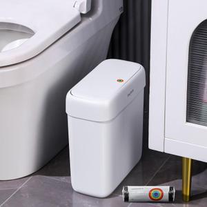 JOYBOS Bathroom Garbage Can with Lid, 3 Gallon Small Garbage Can, 10L Dogproof Slim Plastic Narrow Garbage Bin with Pop-up Lid for Toilet, Office, Bedroom, Living Room, White (1 Pack (2.7 Gallon))