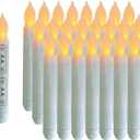 Pack of 24 Flameless Taper LED Candles - Battery Operated Flickering Ivory - Perfect for Wedding, Christmas, Parties - 6.5 Inch - White Plastic (Set of 24Yellow)