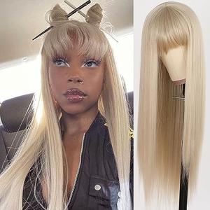 Maycaur Ash Blonde Wig with Bangs Synthetic Hair Long Straight Women's Wig Heat Resistant Synthetic No Lace Wigs for Fashion Women