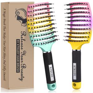 KTKUDY Detangling Brush Getting Knots Out without Pain - Boar Bristles HairBrush Make Hair Shiny & Healthier Vented Detangler Brush for Women Men Kids Wet and Dry Hair (Rainbow & Yellow-Purple)