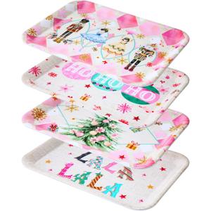 Ferrochef 4 Pcs Christmas Serving Tray 13 x 10 Inch Reusable Serving Platter Plates Xmas Dessert Platter Dishes Christmas Party Decorations for Food Snacks Cookies Supplies (Pink)