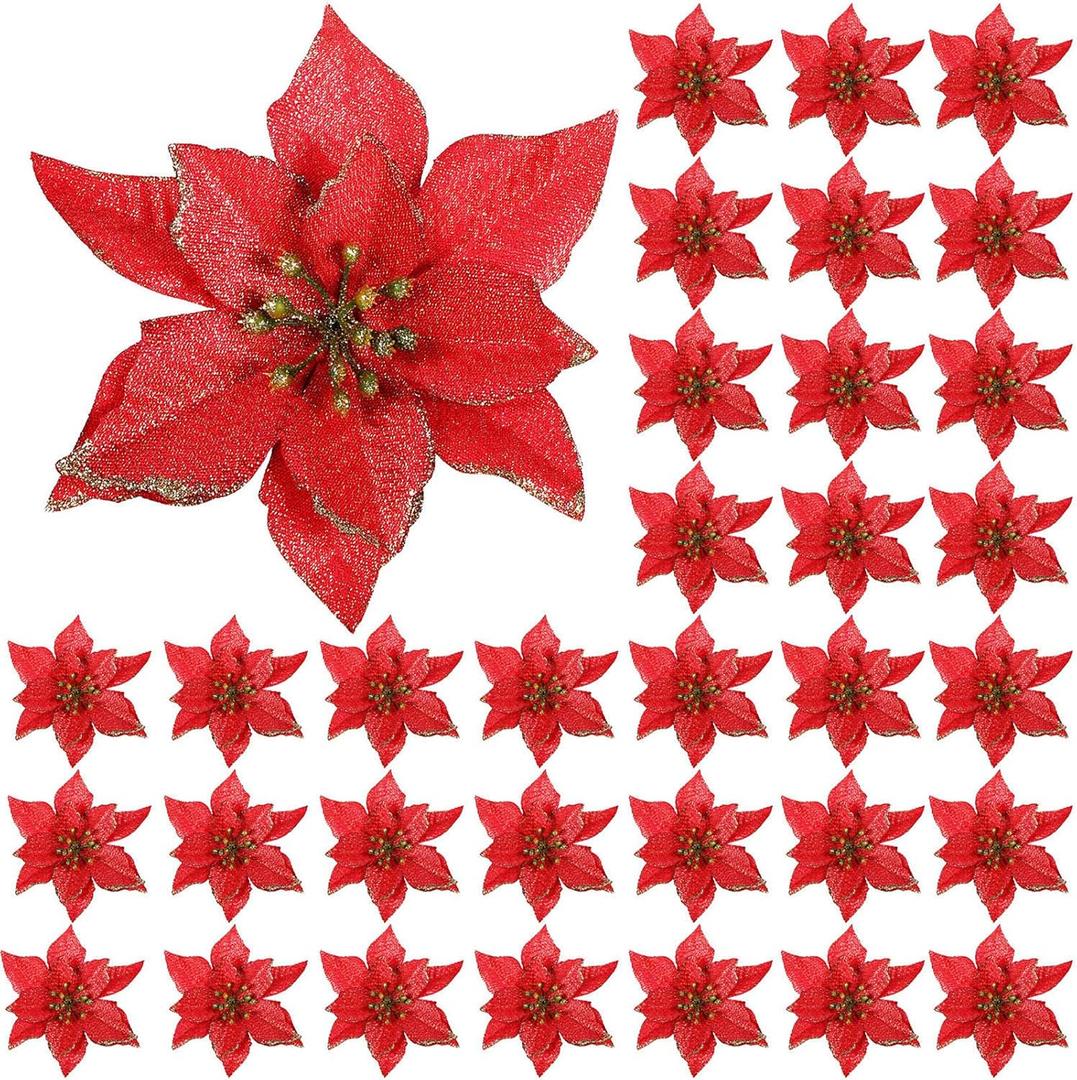 WILLBOND 45 Pieces Christmas Poinsettia Decorations Glitter Poinsettia Flowers Tree Flowers for Xmas Tree Ornaments, 5 Inch(Red)