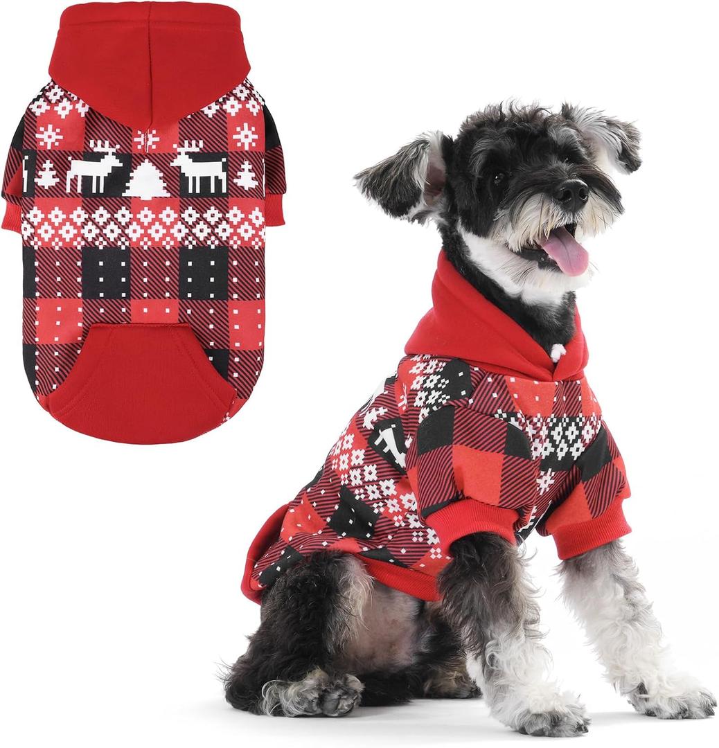 KOOLTAIL Christmas Dog Hoodie,Red Plaid Pet Clothes Sweater with Leash Hole&Pocket for Small Medium Large Dogs, Soft Winter Warm Dog Cold Weather Coat, Fleece Puppy Hooded Sweatshirt for Boys Girls, M, Red&Black(Christmas)