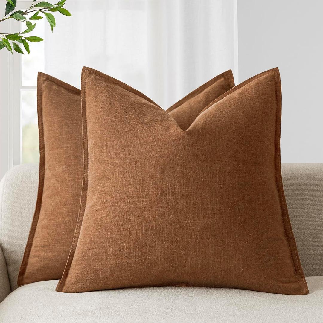 Foindtower Pack of 2, Decorative Linen Solid Throw Pillow Covers Soft Accent Cushion Case Boho Farmhouse Pillowcase for Chair Couch Sofa Bedroom Living Room Home Decor 18 x 18 Inch Orange Brown