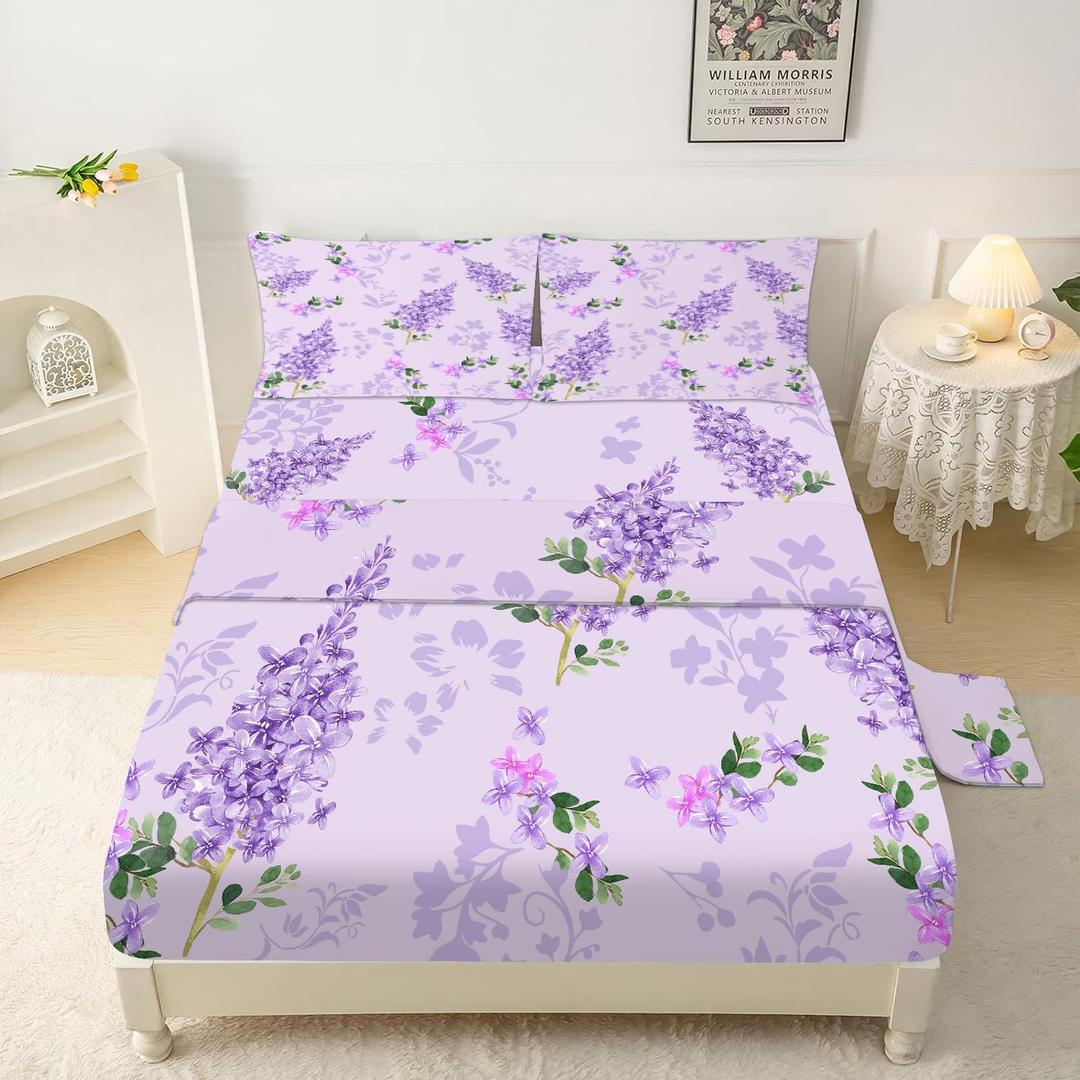 FUYEUN Floral Bed Sheets Set Twin Fitted Sheets Purple Lilac Flower Bedding Flat Sheet Women Girls Kids Modern Farmhouse Top Sheet Aesthetic Sheet Set 1 Pillowcase