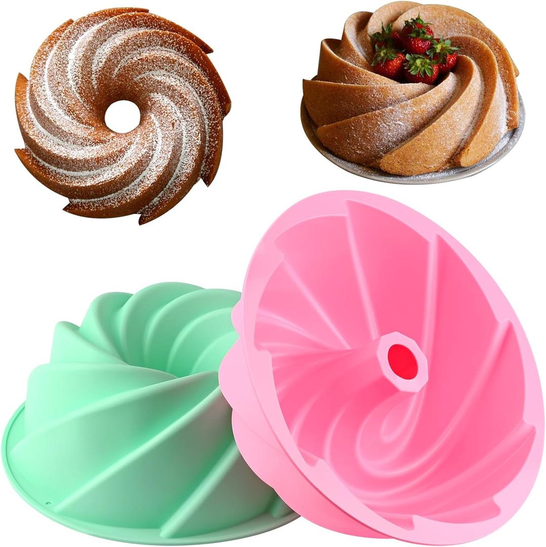 HUAKENER Large Fluted Cake Pan (2 Pack) - Nonstick Fluted Tube Pan, Large Round Silicone Mold for Cake, Brownie, Cornbread, Jello Cake  (9 Inch)