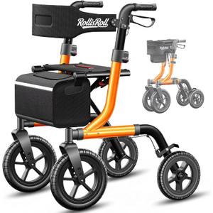 Walkers for Seniors, Rollator Walker with Seat, 12" Big Rubber Wheels All Terrain Rolling Walker, Foldable Rollator Walker, Built-in Cable, Reinforced Aluminum Frame, Orange