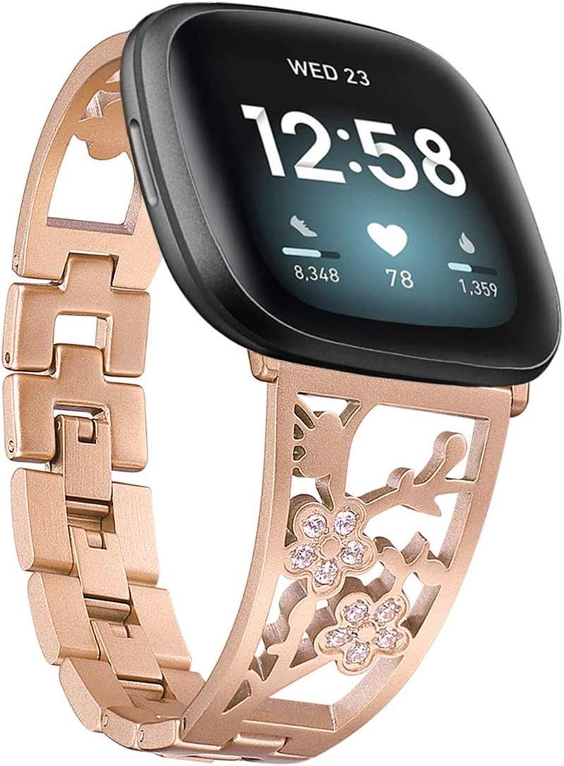 Stainless Steel Bracelet Compatible with Fitbit Sense 2/Sense/Versa 4/Versa 3, Women Bling Replacement Bands Dressy Luxurious Wristbands for Ladies