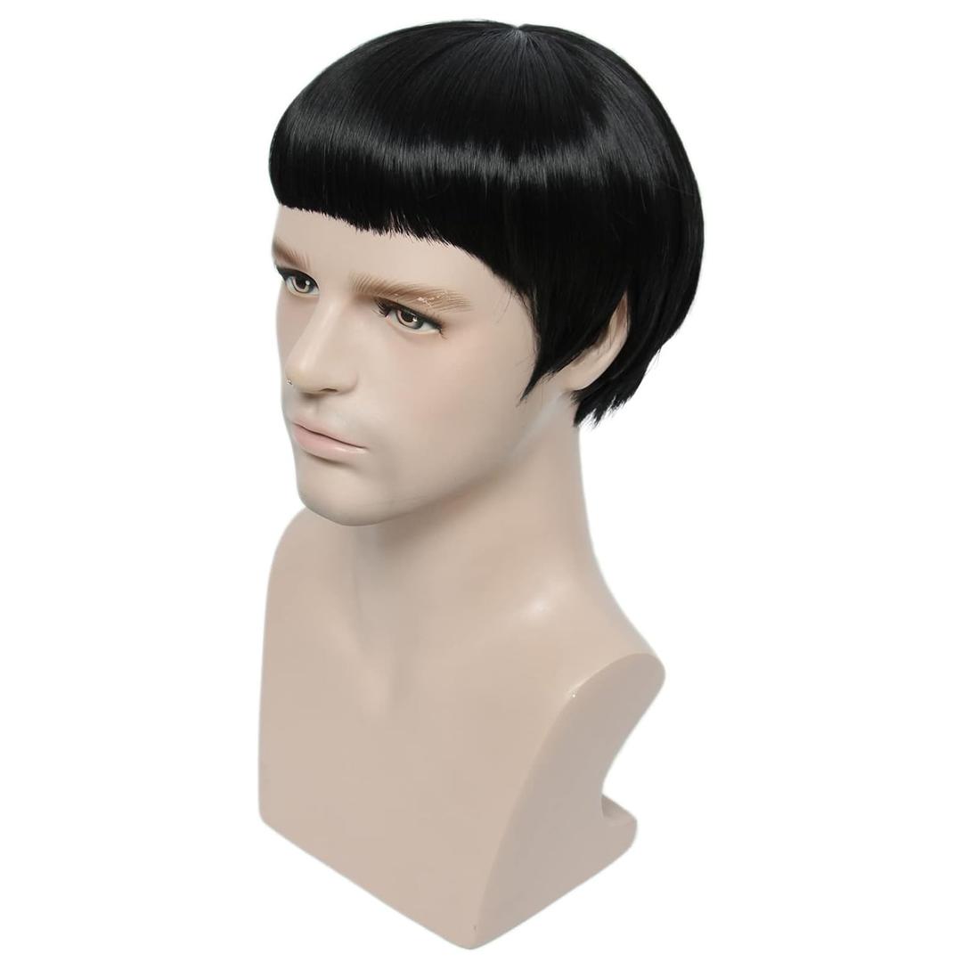 Linfairy Short bowl cut Black Synthetic Hair Heat Resistant Wig for Men