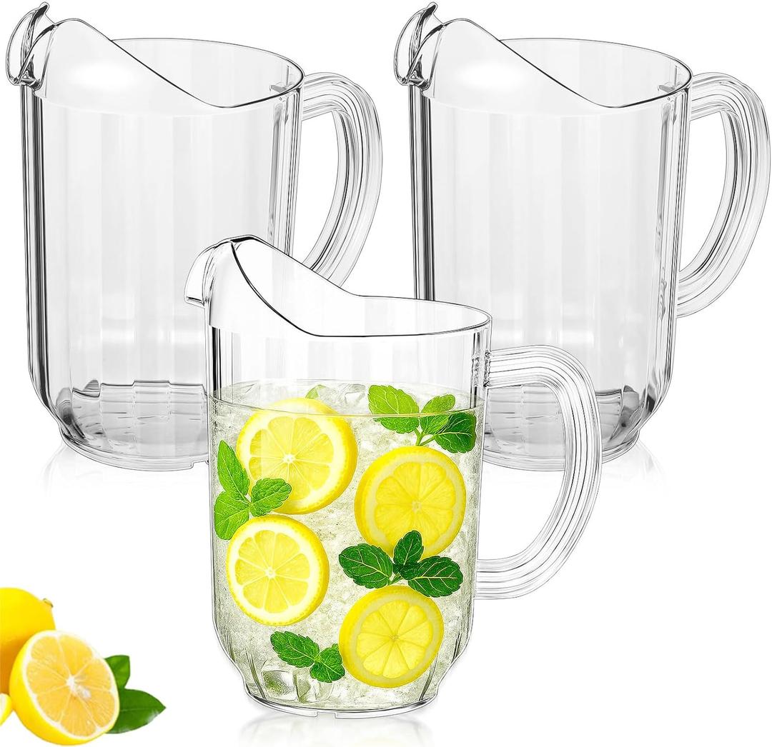 Tessco for you 3 Pcs Plastic Pitchers 60 Ounce Clear Restaurant Jug Large Water Pitcher Carafe Serve Milk Tea Juice Drink for Parties Container Dispenser Beer Jar (Classic)