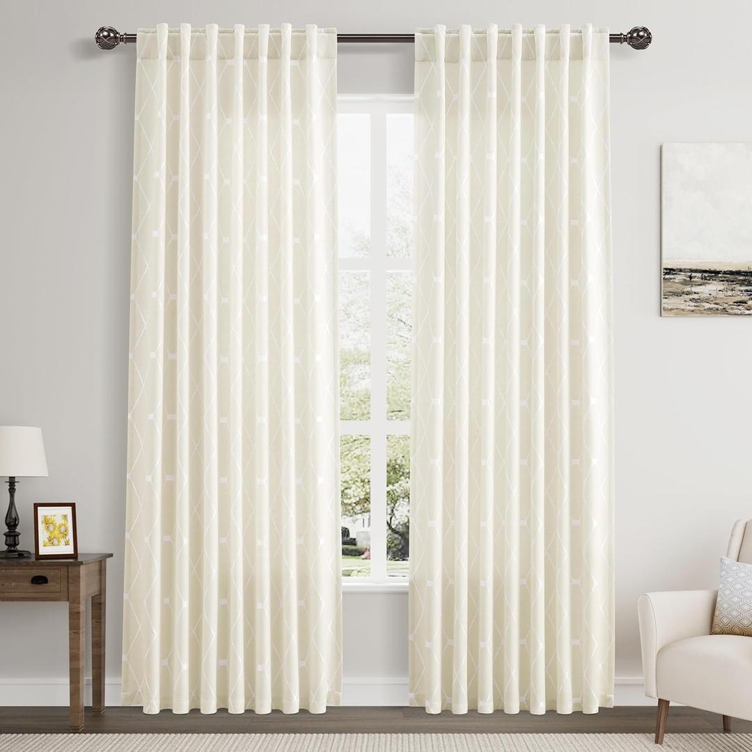 Nanspring White Geometric Pattern Natural Curtains 84 Inch Length 2 Panels Set for Living Room Back Tab Rod Pocket 50% Blackout Elegant Neutral Farmhouse Decor Curtain for Bedroom Dinner Room 52x84