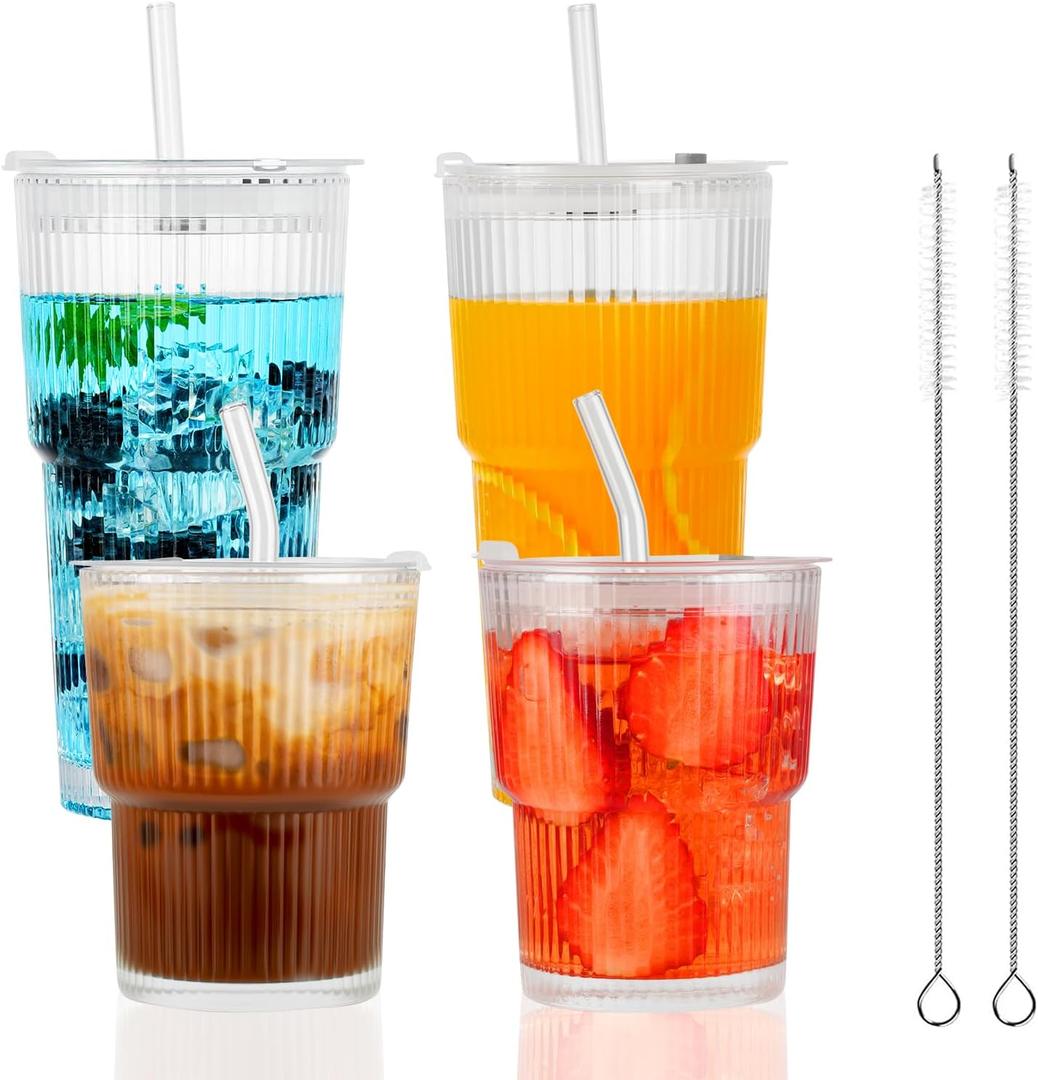 4 Pack 14&20 Oz Glass Cups with Lids and Straws Iced Coffee Cups Vintage Ribbed Glassware for Beer Ice Coffee Fruit Juice Elegant Aesthetic Cup Glass Iced Coffee Tumbler Include 2 Cleaning Brushes