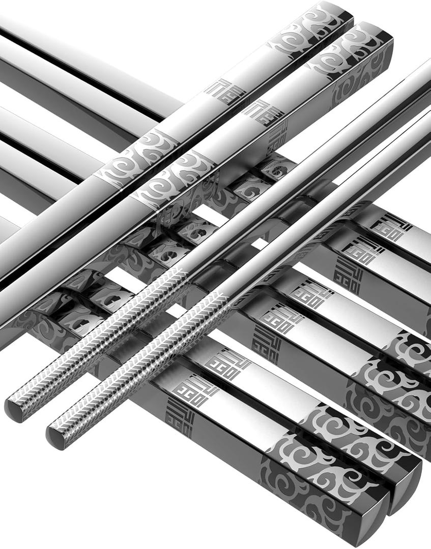 TINMARDA Metal Chopsticks Reusable 5 Pairs Stainless Steel Chopsticks Dishwasher Safe Square Lightweight Non-Slip Chop Sticks Present Set (Silver)