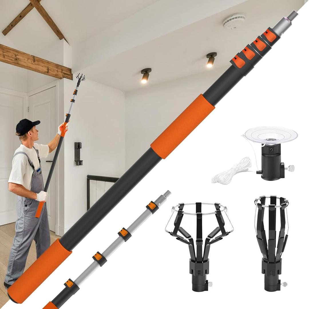 Buyplus 26FT Reach Light Bulb Changer for High Ceilings with 5-20FT Telescopic Extension Pole, Easy Flip-Tab Lock Bulb Changing Pole Extension with Basket and Suction Cup for Recessed Lights