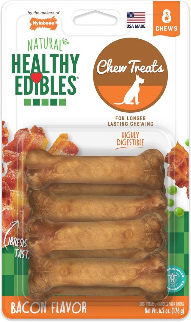 Nylabone Healthy Edibles Natural Dog Chews, Long Lasting Bones for Dogs, Bacon Flavor Dog Treats, X-Small (8 Count)
