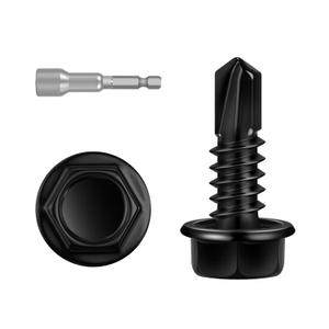 100 PCS #14 x 3/4" Sheet Metal Screws, Black Hex Washer Head Self Drilling Screw, Flanged Self Tapping Screws, 410 Stainless Steel