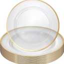 DIVINA VITAE 25 Pack Charger Plates Bulk Clear Charger Plates with Gold Trim, 12 Inch Gold Plastic Chargers Plate Disposable for Party, Wedding, Dinne, Thanksgiving,Halloween,Christmas