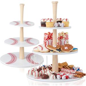 Domensi 2 Pcs 3 Tier Baseball Serving Tray Wooden Baseball Cupcake Stand Displays Plate Board Reusable Cupcake Serving Tower Holder Decoration for Sport Theme Game Tailgate Birthday Party Supplies