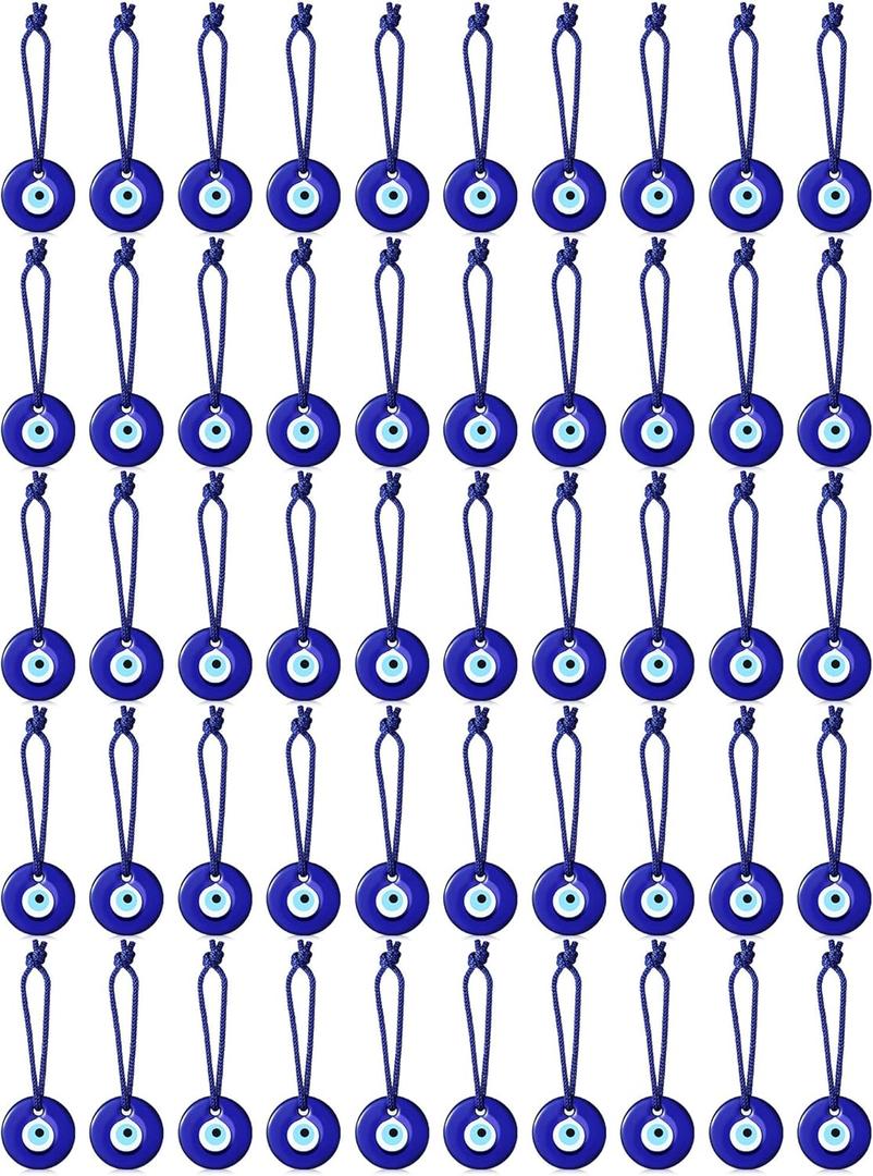 Jexine 50 Pcs Turkish Blue Evil Eye Beads Charms Evil Eye Pendants Crafting Glass Beads Wall Car Mirror Hanging Decor with Ropes for Home Decorative Ornaments Keychain Jewelry (1.2'')