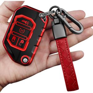 Sindeda for Jeep Key Fob Cover with Keychain Soft Full Protection Key Shell Key Case Compatible with Jeep Gladiator JT Sahara JLU 2018-2023 Jeep Wrangler JL JLU Rubicon (Red)