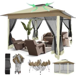 COBIZI 12x12 Pop Up Gazebos On Clearance - Upgrade Easy Up Metal Outdoor Gazebo Waterproof - Portable Gazebo with Mosquito Nettings, 4 Ropes 8 Stakes and Carry Bag for Patio Garden(Khaki)