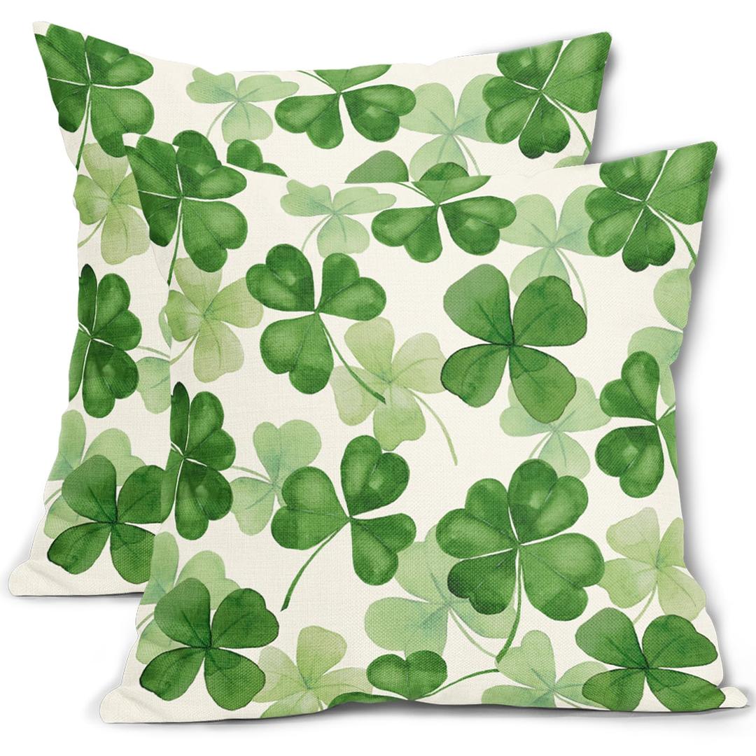 St Patricks Day Pillow Covers 18 x 18 Inch Set of 2 for Watercolor Sage Green Lucky Shamrock Decor Throw Pillows Spring Holiday Outdoor Farmhouse Decorative Cushion Cases for Couch Decoration