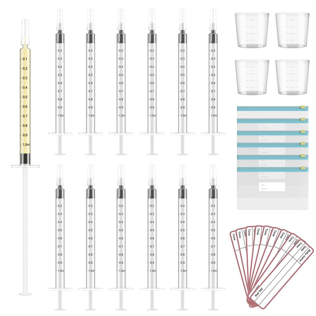 60 Sets 1Ml Colostrum Collector Kit Include 60 1ml No Needle Sterile Syringes with Cap, 4 Measuring Cup, 6 Zip-lock Storage Bags, 60 Labels for Breast Milk Collector
