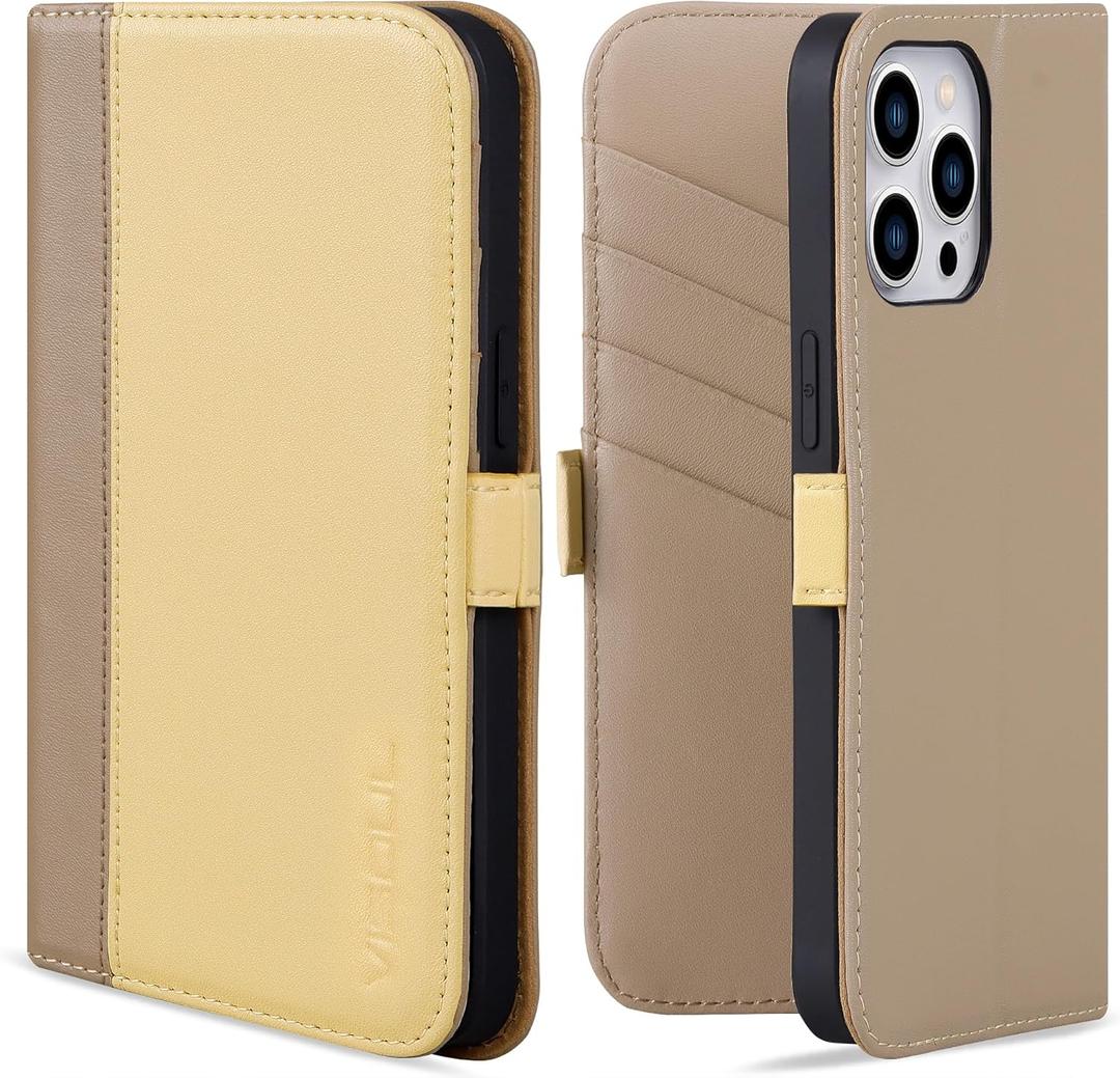 VISOUL Phone Case Wallet for iPhone 15 Pro Max, Genuine Leather Folio Case with Card Holder Magnetic Flaps Closure Designed for iPhone 15 Pro Max(6.7-inch)(Yellow+Apricot)