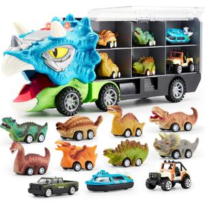 JOYIN 13 in 1 Dinosaur Toys for Kids 3-5, Triceraptor Dinosaur Truck with 12 Pull Back Cars, Birthday Gifts Toys for 3 4 5+ Year Old Boy, Transport Carrier Truck for Toddlers 3-4 Years