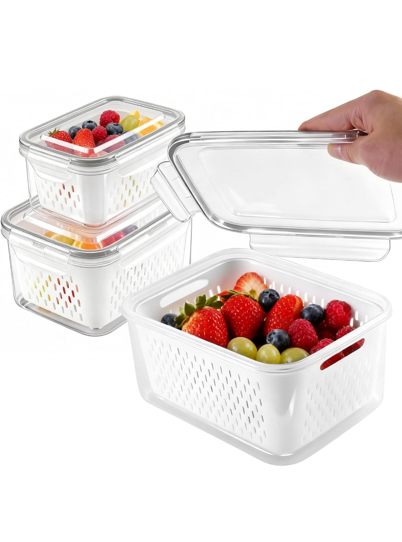 YYAYYA Fresh Produce Storage Containers for Fridge, 3 Pack Fruit Vegetable Keeper with Drain Basket & Airtight Lid, BPA Free Fridge Organizer Bins for Berries, Salad, Meal Prep, 28oz 60oz 111oz
