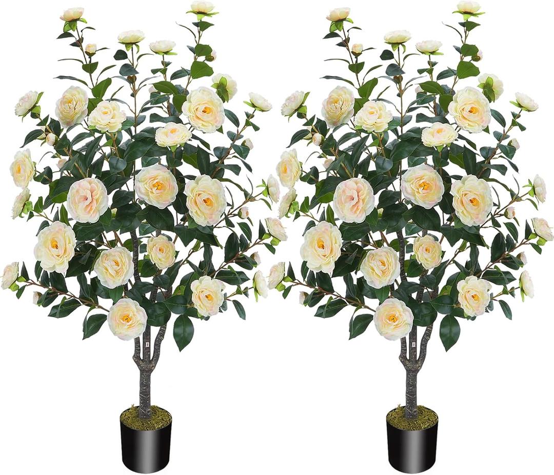 3.6FT Artificial Camellia Fake Tree, Artificial Plants & Flowers with 32 Yellow Pink Flowers for Door Front Decoration Porch Patio Living Room Office Indoor Outdoor Decor (2PCS Contains Dried Moss)