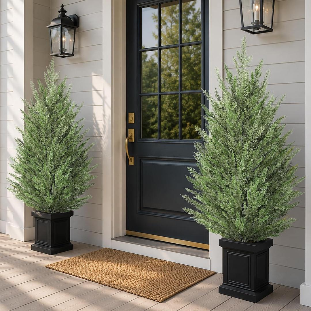 3.7FT Artificial Topiary Cedar Trees for Outdoor Tall 2 Set Indoor Potted Faux Pine Shrubs Evergreen Plants Realistic Fake Cypress Front Porch Decor Bushes Plants for Home Door Offices