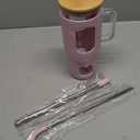 Glass Tumbler with Straw and Lid, 32 oz Glass Cup with Handle, Glass Water Bottles with Time Marker, 2 Straws - Pearl Straw & Drinking Straw Silicone Protective Sleeve-Pink