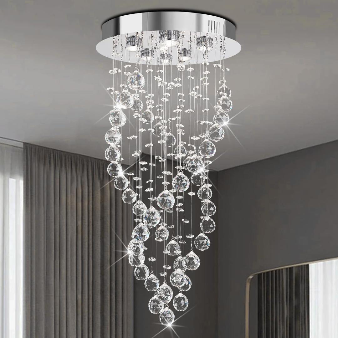Modern Luxury 6-Lights Spiral Raindrop Crystal Chandeliers for Dining Room, K9 Crystal Ball Flush Mount Ceiling Light Fixture for Living Room, Bedroom, Bathroom, Hallway, Staircase of CRYSTOP, Sliver 6 Lights-Height 34"