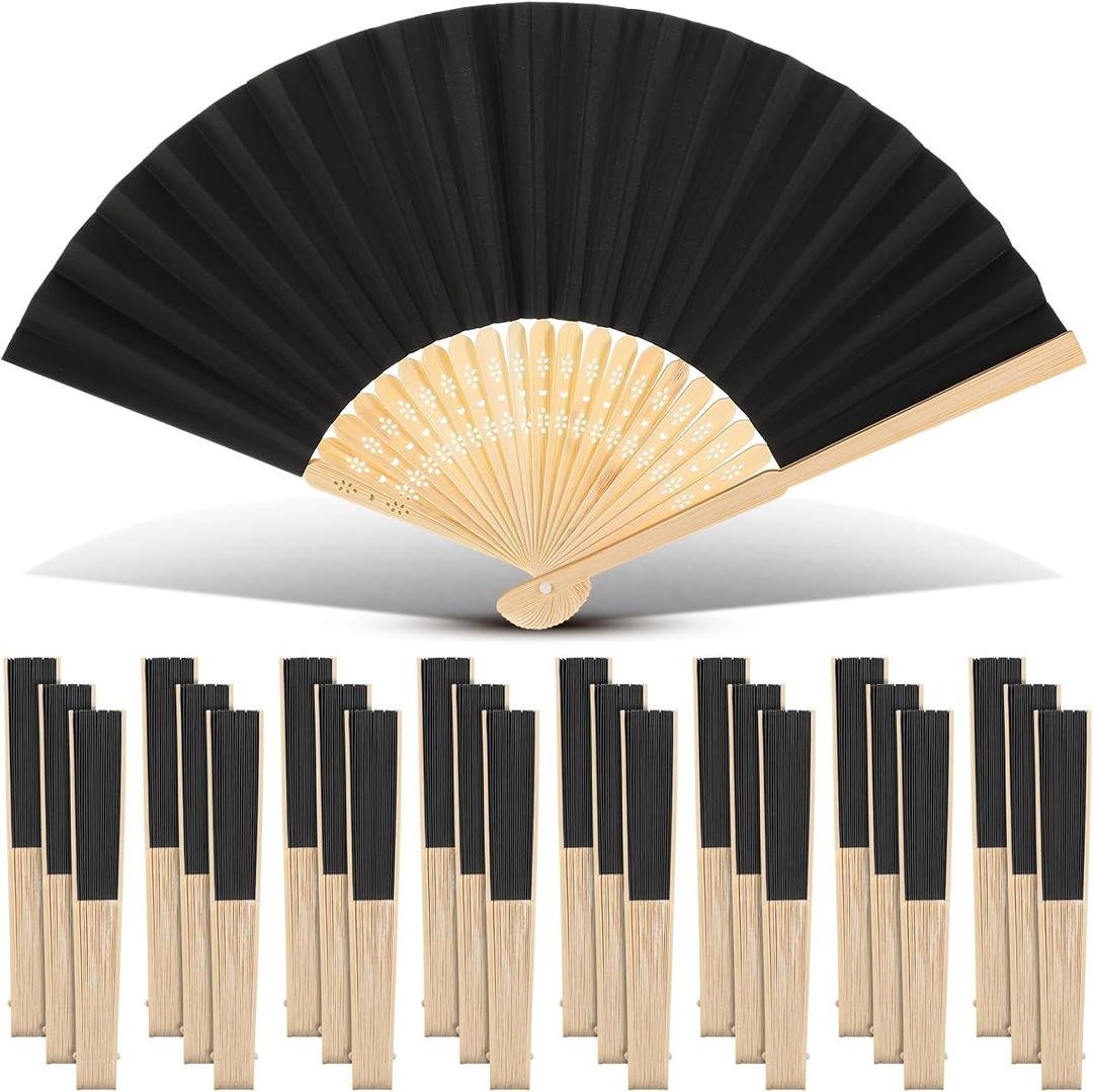 Yinkin 24 Pack Folding Fans Bamboo Handheld Folded Craft Hand Japanese Chinese Fans for Weddings Bridal Dancing Church DIY Decoration Women Gift Party Favors (Black)