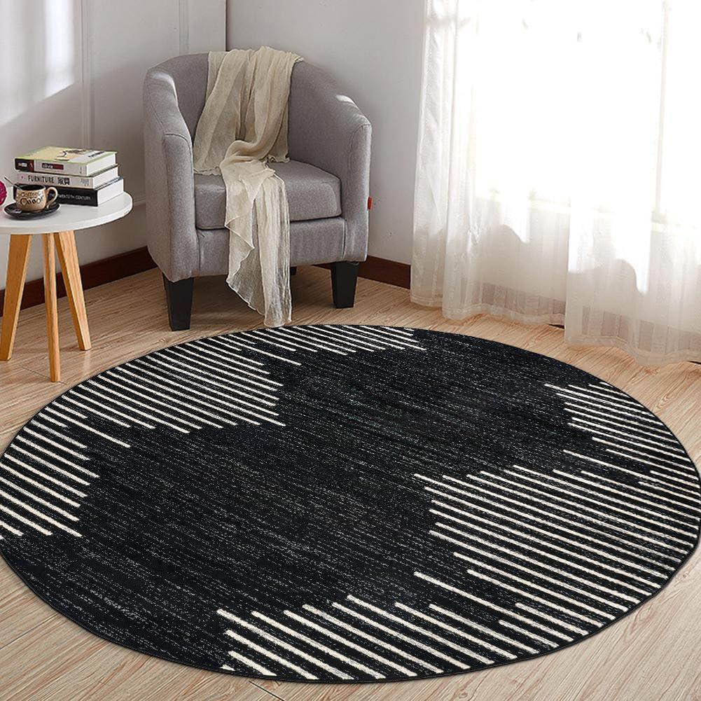 Rugshop Bohemian Stripe Stain Resistant High Traffic Living Room Kitchen Bedroom Dining Home Office Round Area Rug 8' Black