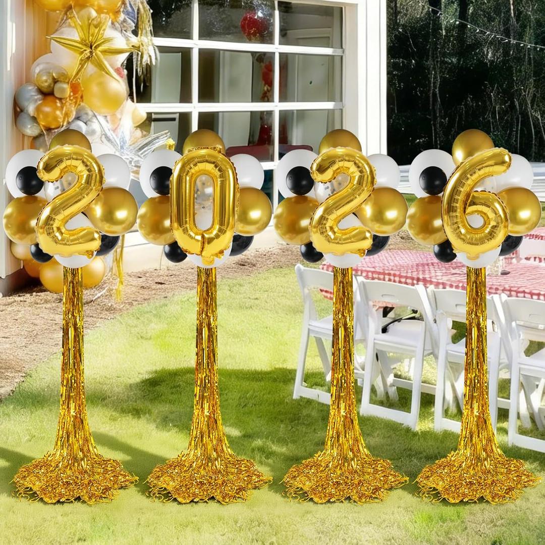 2026 Graduation Balloon Columns Kit Set of 4 Standing Balloon Stands, Class of 2026 Decorations with Gold Fringe Curtain, Graduation Party Photo Backdrop