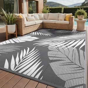 GENIMO Outdoor Rug 8' x 10' Waterproof for Patios Clearance, Reversible Plastic Straw Camping Rug Carpet, Large Area Rugs Mats for RV, Picnic, Backyard, Deck, Balcony, Porch, Beach, Grey&White
