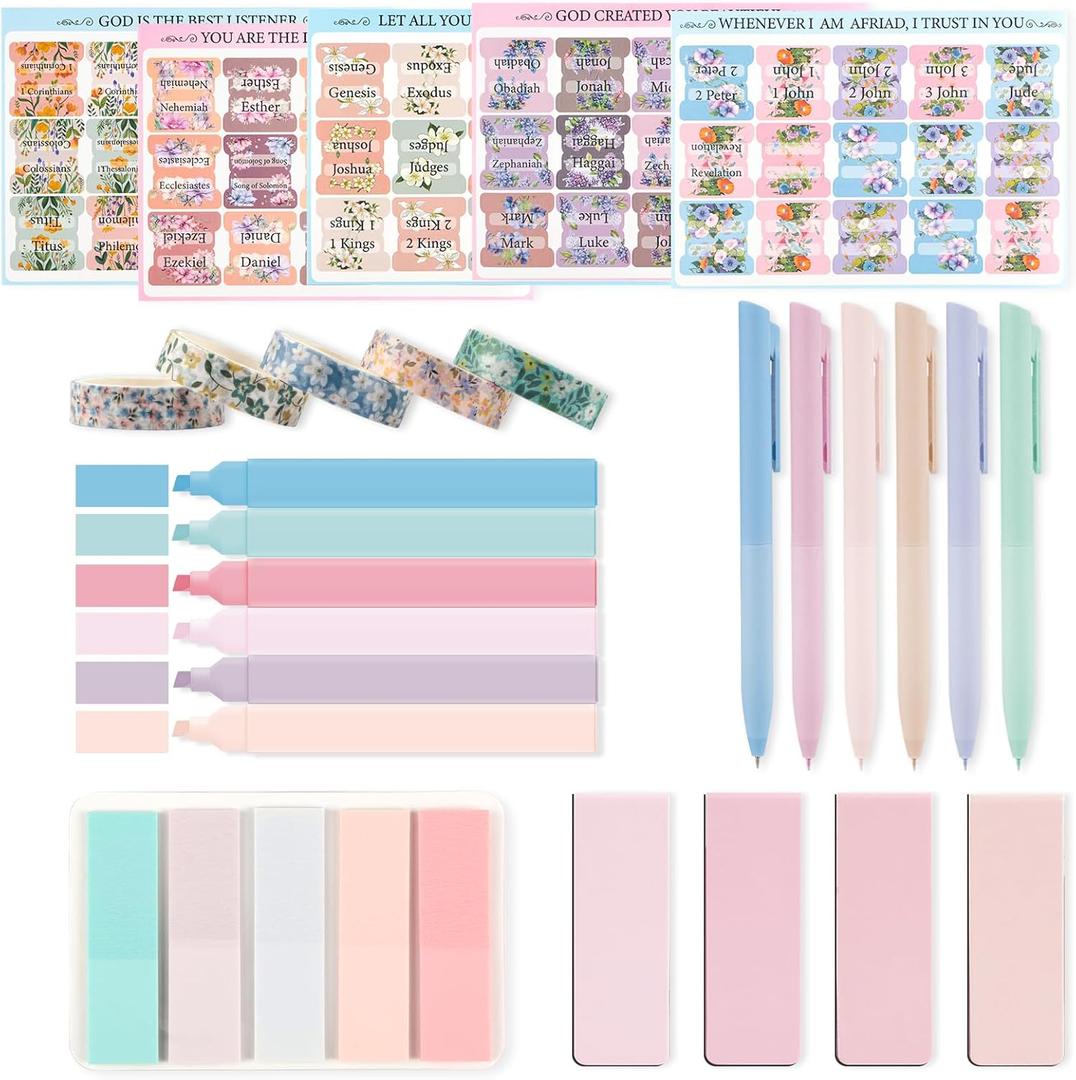 Aesthetic Study Supplies,Bible Journaling Kit with Soft Grip Pen and Floral Washi Tape, Bible Highlighters,Tabs,Beginner Christian Gifts