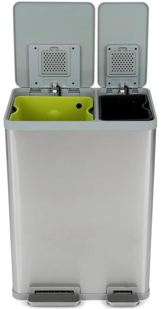 SIMPLI-MAGIC 16 Gallon (38L x 22L) Dual Compartment Step Trash Can  Kitchen Garbage Can with Waste & Recycling Bins  Slow-Close Lid, Odor Control, Hands-Free, Inner Bases, Brushed Stainless Steel