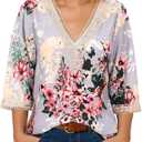 IRISGOD Womens 3/4 Length Sleeve V Neck Tops Dressy Casual Chiffon Blouse Summer Floral Bohemian 2025 Tredny Shirts, Medium