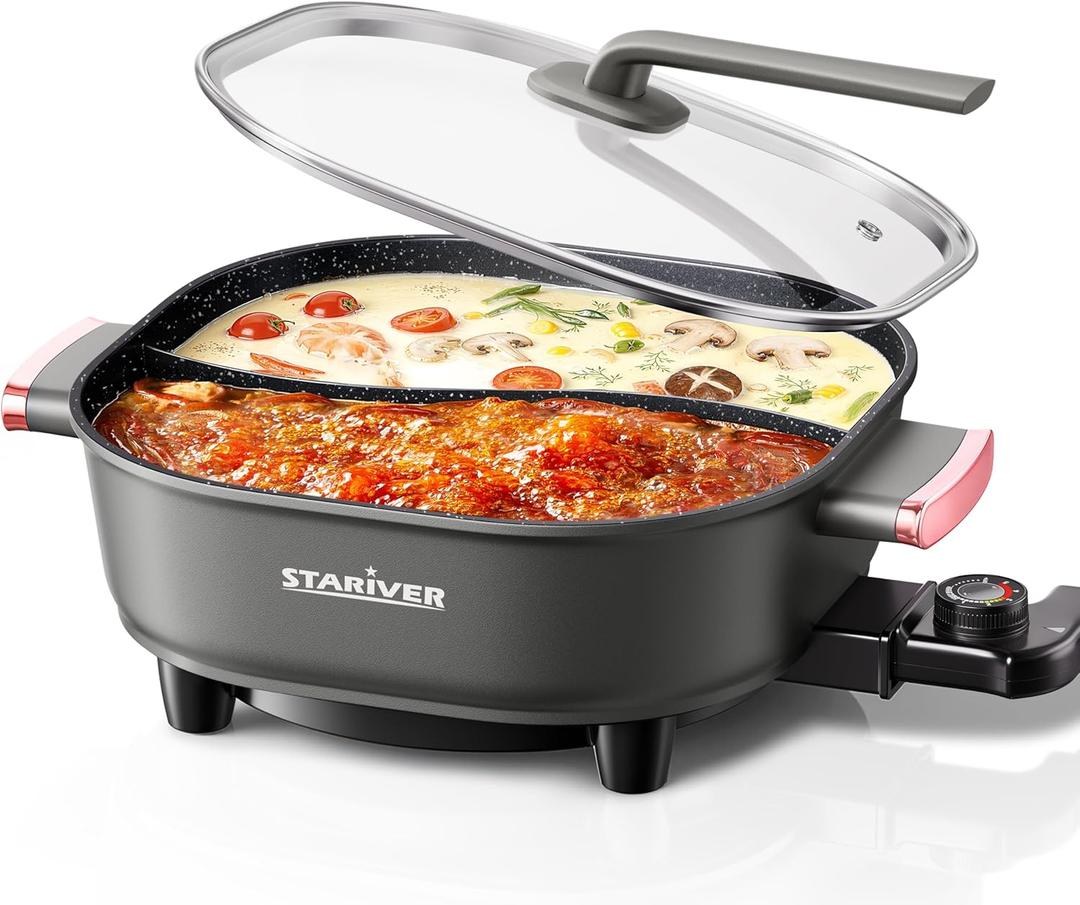 Stariver 6L Electric Hot Pot with Divider, 1300W, Dual-Flavor Pot for Two Broths, 5-Temp Control & Non-Stick Coating, Electric Pot for Shabu Shabu, Fondue, Perfect for Family Gatherings & Parties (Grey)