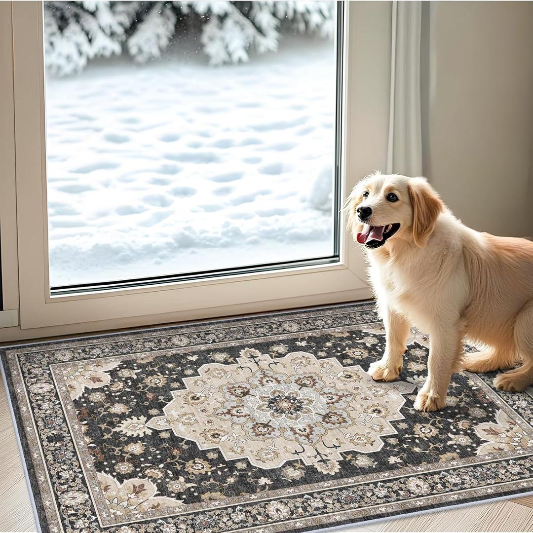 Washable 2x3 Entryway Area Rug: Vintage Non-Slip Backing Rugs for Kitchen Bathroom Water Resistant Carpet for Bedroom Soft Low Pile Front Door Mat for Dining Room 2x3 Black