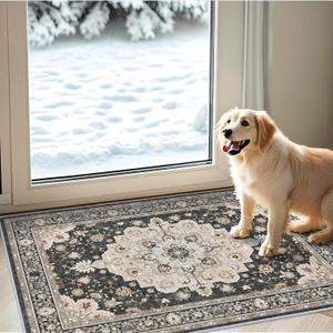 Washable 2x3 Entryway Area Rug: Vintage Non-Slip Backing Rugs for Kitchen Bathroom Water Resistant Carpet for Bedroom Soft Low Pile Front Door Mat for Dining Room 2x3 Black