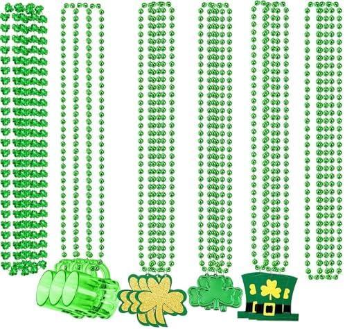 Zonlianxin 42PCS St. Patrick's Day Shamrock Necklace Clover Green Bead Party Favors Novelty St Patricks Day Shot Glasses Bead Necklaces Irish Beer Decorations Supplies