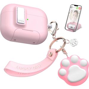 AirPods Pro 2nd/1st Generation Case with Cleaning Kit, Anti-Slip Adjustable Kickstand, Anti-Fingerprint Coating & Precision, Full Drop Protection Cover with Cute Keychain, Pink