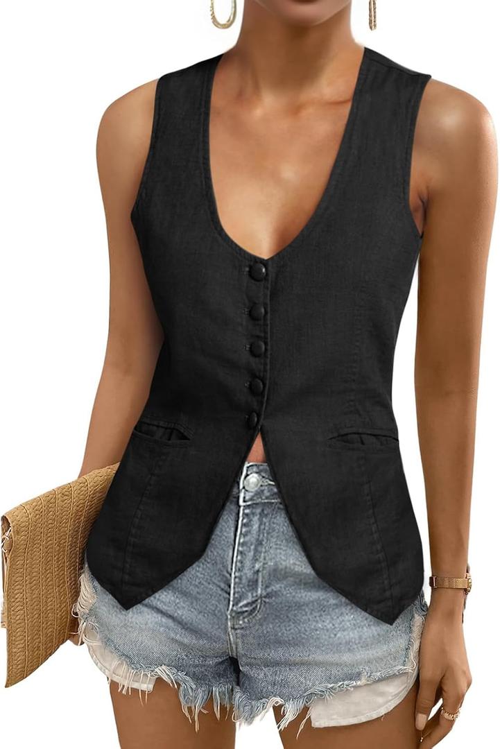 Tankaneo Womens Scoop Neck Blazer Vest Summer Linen Sleeveless Fitted Waistcoat Work Casual Cotton Suit Tops (XL, Black)