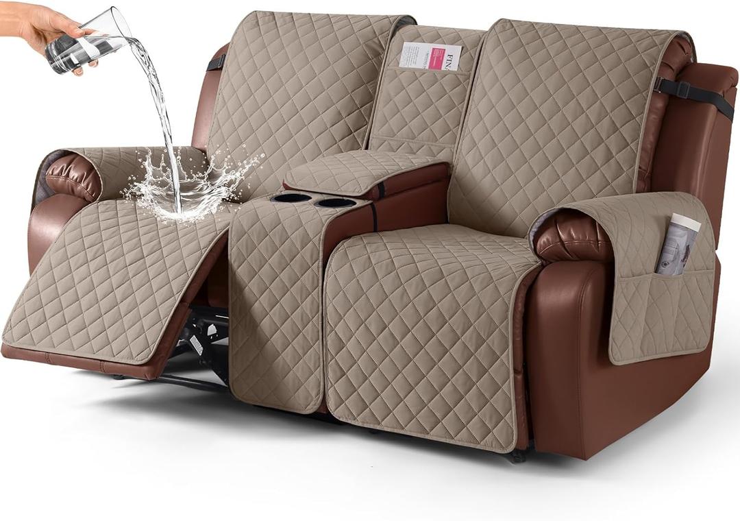 KinCam 100% Waterproof Recliner Loveseat Cover with Console, Non-Slip Reclining Couch Covers for 2 Seat, Recliner Sofa Cover Furniture Protector with Elastic Straps for Kids, Pets, Taupe